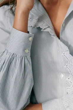 Outlet Dear-Lover Frilled Trim Button Up Long Sleeve Shirt Sky Blue Stripe