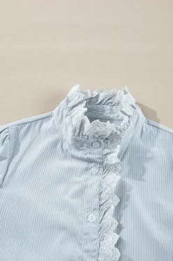 Outlet Dear-Lover Frilled Trim Button Up Long Sleeve Shirt Sky Blue Stripe