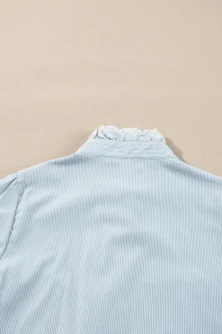 Outlet Dear-Lover Frilled Trim Button Up Long Sleeve Shirt Sky Blue Stripe