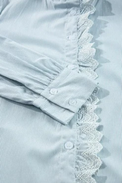 Outlet Dear-Lover Frilled Trim Button Up Long Sleeve Shirt Sky Blue Stripe