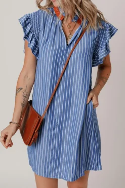 Hot Dear-Lover Frilly Split Neck Shirred Ruffle Sleeve Short Shift Dress Sky Blue Stripe