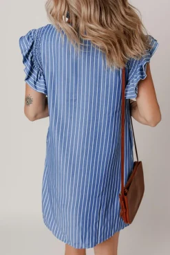 Hot Dear-Lover Frilly Split Neck Shirred Ruffle Sleeve Short Shift Dress Sky Blue Stripe