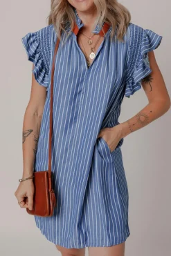 Hot Dear-Lover Frilly Split Neck Shirred Ruffle Sleeve Short Shift Dress Sky Blue Stripe