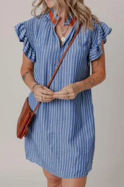 Hot Dear-Lover Frilly Split Neck Shirred Ruffle Sleeve Short Shift Dress Sky Blue Stripe