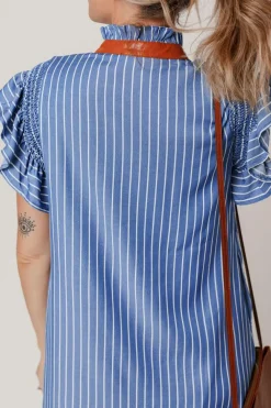 Hot Dear-Lover Frilly Split Neck Shirred Ruffle Sleeve Short Shift Dress Sky Blue Stripe