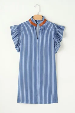 Hot Dear-Lover Frilly Split Neck Shirred Ruffle Sleeve Short Shift Dress Sky Blue Stripe
