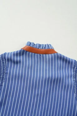 Hot Dear-Lover Frilly Split Neck Shirred Ruffle Sleeve Short Shift Dress Sky Blue Stripe