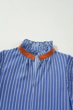 Hot Dear-Lover Frilly Split Neck Shirred Ruffle Sleeve Short Shift Dress Sky Blue Stripe