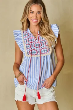 Discount Dear-Lover Geo Pattern Embroidered Tassel Flutter Blouse Sky Blue Stripe