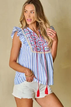 Discount Dear-Lover Geo Pattern Embroidered Tassel Flutter Blouse Sky Blue Stripe