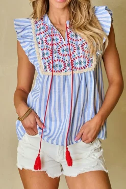 Discount Dear-Lover Geo Pattern Embroidered Tassel Flutter Blouse Sky Blue Stripe