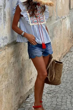 Discount Dear-Lover Geo Pattern Embroidered Tassel Flutter Blouse Sky Blue Stripe