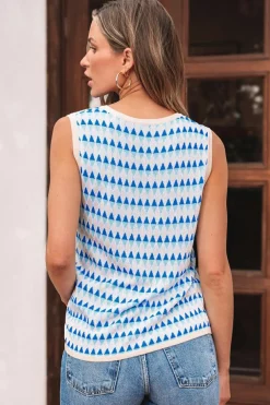 Fashion Dear-Lover Geometric Print Round Neck Slim Fit Sweater Vest Sky Blue Stripe