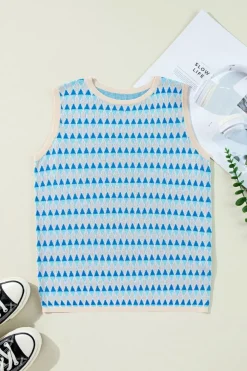 Fashion Dear-Lover Geometric Print Round Neck Slim Fit Sweater Vest Sky Blue Stripe