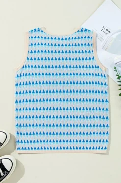 Fashion Dear-Lover Geometric Print Round Neck Slim Fit Sweater Vest Sky Blue Stripe