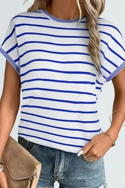 Online Dear-Lover Knitted Bat Sleeve T Shirt Sky Blue Stripe