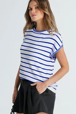Online Dear-Lover Knitted Bat Sleeve T Shirt Sky Blue Stripe