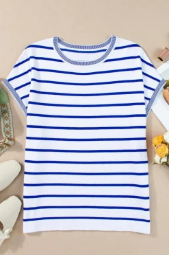 Online Dear-Lover Knitted Bat Sleeve T Shirt Sky Blue Stripe