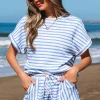 Hot Dear-Lover Knitted Short Sleeve Top and Drawstring Shorts Set Sky Blue Stripe