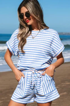 Hot Dear-Lover Knitted Short Sleeve Top and Drawstring Shorts Set Sky Blue Stripe