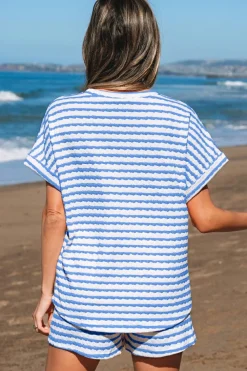 Hot Dear-Lover Knitted Short Sleeve Top and Drawstring Shorts Set Sky Blue Stripe