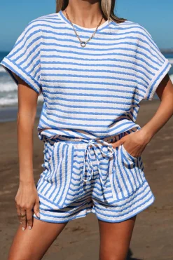 Hot Dear-Lover Knitted Short Sleeve Top and Drawstring Shorts Set Sky Blue Stripe