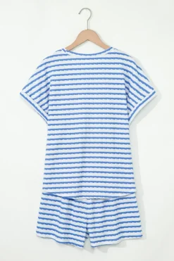 Hot Dear-Lover Knitted Short Sleeve Top and Drawstring Shorts Set Sky Blue Stripe