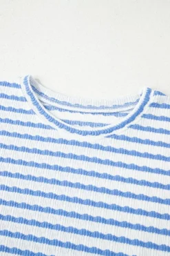 Hot Dear-Lover Knitted Short Sleeve Top and Drawstring Shorts Set Sky Blue Stripe