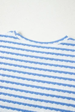 Hot Dear-Lover Knitted Short Sleeve Top and Drawstring Shorts Set Sky Blue Stripe