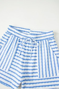 Hot Dear-Lover Knitted Short Sleeve Top and Drawstring Shorts Set Sky Blue Stripe