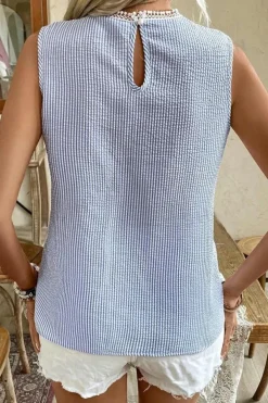 New Dear-Lover Lace Patchwork Crew Neck Tank Top Sky Blue Stripe