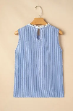 New Dear-Lover Lace Patchwork Crew Neck Tank Top Sky Blue Stripe