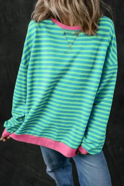 Discount Dear-Lover Oversized Contrast Trim Pullover Sweatshirt Sky Blue Stripe