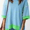 Discount Dear-Lover Oversized Contrast Trim Exposed Seam High Low T Shirt Sky Blue Stripe
