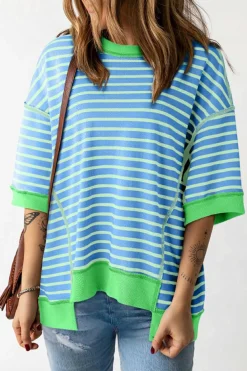 Discount Dear-Lover Oversized Contrast Trim Exposed Seam High Low T Shirt Sky Blue Stripe