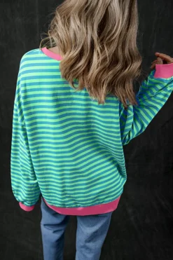 Discount Dear-Lover Oversized Contrast Trim Pullover Sweatshirt Sky Blue Stripe