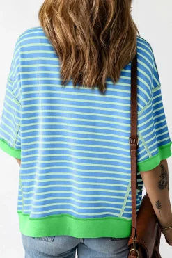 Discount Dear-Lover Oversized Contrast Trim Exposed Seam High Low T Shirt Sky Blue Stripe
