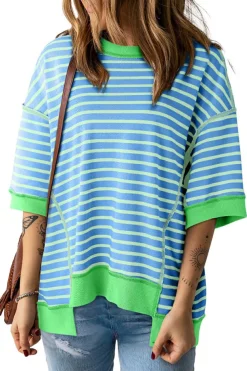 Discount Dear-Lover Oversized Contrast Trim Exposed Seam High Low T Shirt Sky Blue Stripe