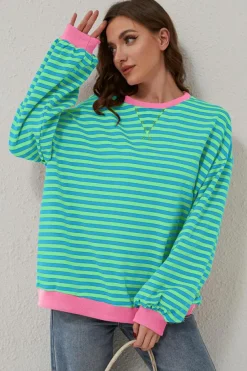 Discount Dear-Lover Oversized Contrast Trim Pullover Sweatshirt Sky Blue Stripe