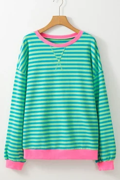 Discount Dear-Lover Oversized Contrast Trim Pullover Sweatshirt Sky Blue Stripe