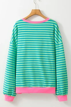 Discount Dear-Lover Oversized Contrast Trim Pullover Sweatshirt Sky Blue Stripe