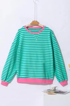 Discount Dear-Lover Oversized Contrast Trim Pullover Sweatshirt Sky Blue Stripe