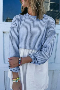 Online Dear-Lover Patchwork Pleated High Waist Loose Mini Dress Sky Blue Stripe
