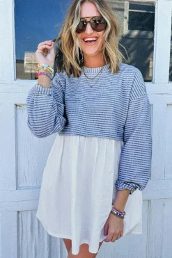 Online Dear-Lover Patchwork Pleated High Waist Loose Mini Dress Sky Blue Stripe