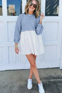 Online Dear-Lover Patchwork Pleated High Waist Loose Mini Dress Sky Blue Stripe