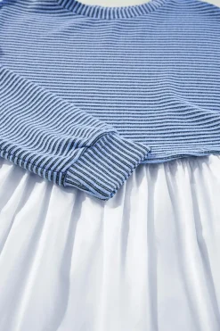 Online Dear-Lover Patchwork Pleated High Waist Loose Mini Dress Sky Blue Stripe