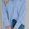 Outlet Dear-Lover Plaid Patchwork Button up Long Sleeve Shirt Sky Blue Stripe