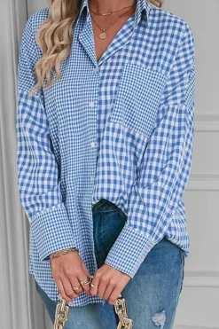 Outlet Dear-Lover Plaid Patchwork Button up Long Sleeve Shirt Sky Blue Stripe