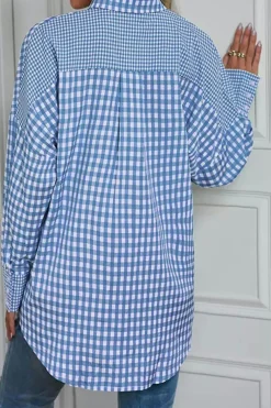 Outlet Dear-Lover Plaid Patchwork Button up Long Sleeve Shirt Sky Blue Stripe