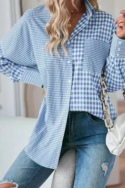 Outlet Dear-Lover Plaid Patchwork Button up Long Sleeve Shirt Sky Blue Stripe
